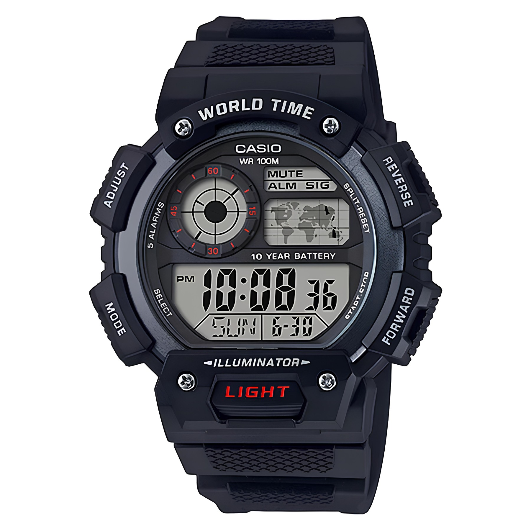 Casio Digital AE-1400WH-1A World Map Alarm Men Watch 10Y Battery Life Black ozDigitalWatch.com.au