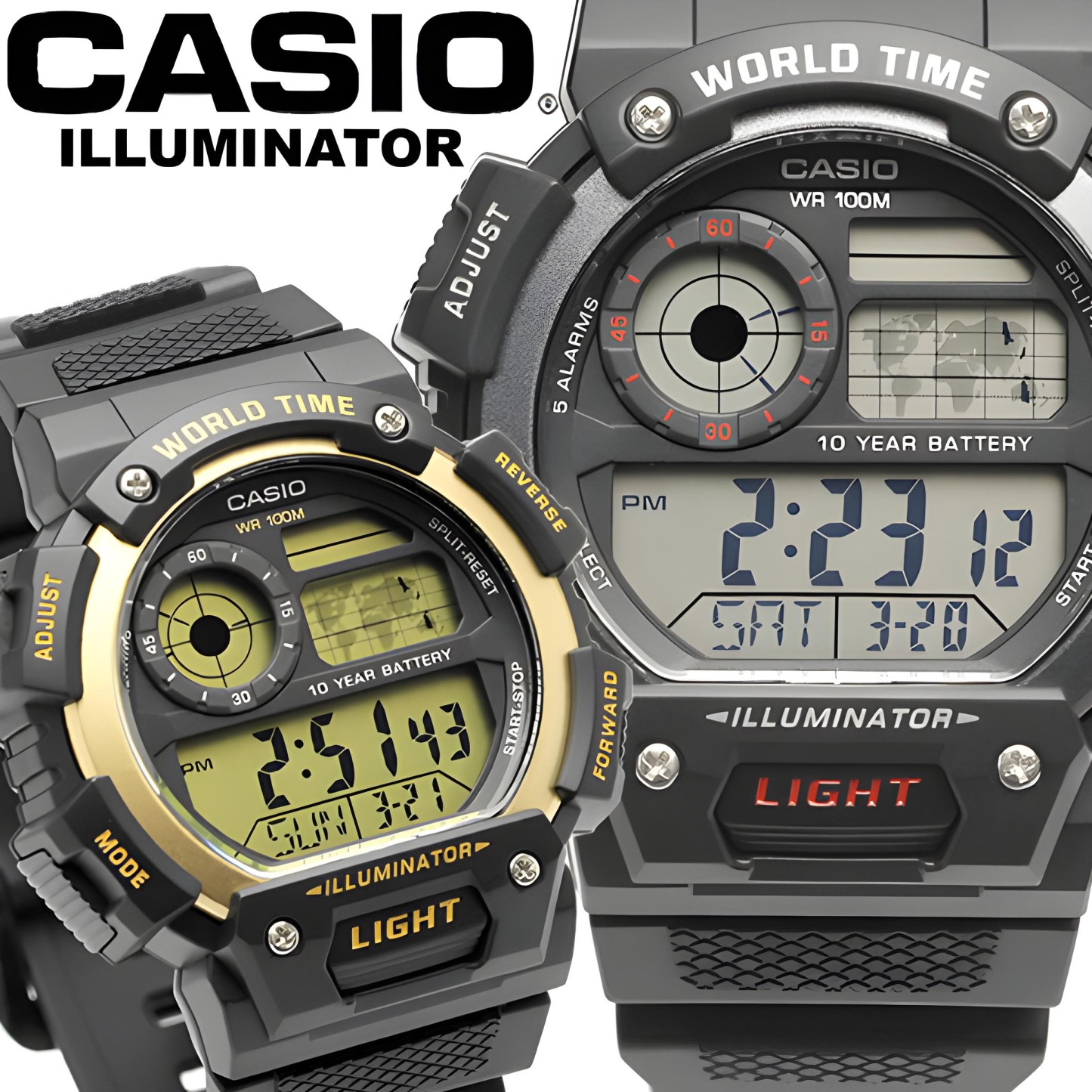 Casio Digital AE-1400WH-1A World Map Alarm Men Watch 10Y Battery Life Black ozDigitalWatch.com.au