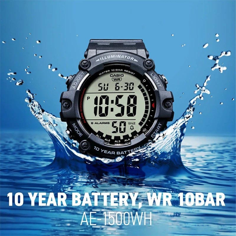 Casio Digital AE-1500WH-1AV Dural Time Wide Face Men Watch 10Y Battery Black ozdigitalwatch.com.au