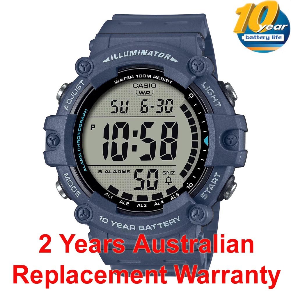 Casio Digital AE-1500WH-2A Blue Dural Time Wide Face Men Watch 10Y Battery ozdigitalwatch.com.au
