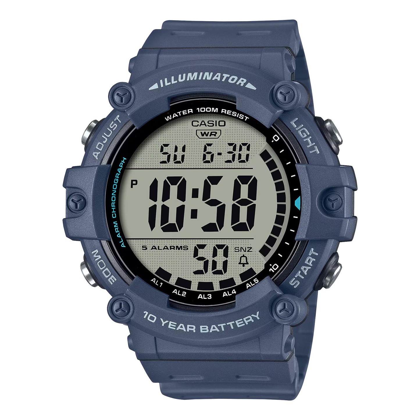 Casio Digital AE-1500WH-2A Dural Time Wide Face Men Watch (10-Years Battery Life) (Blue)