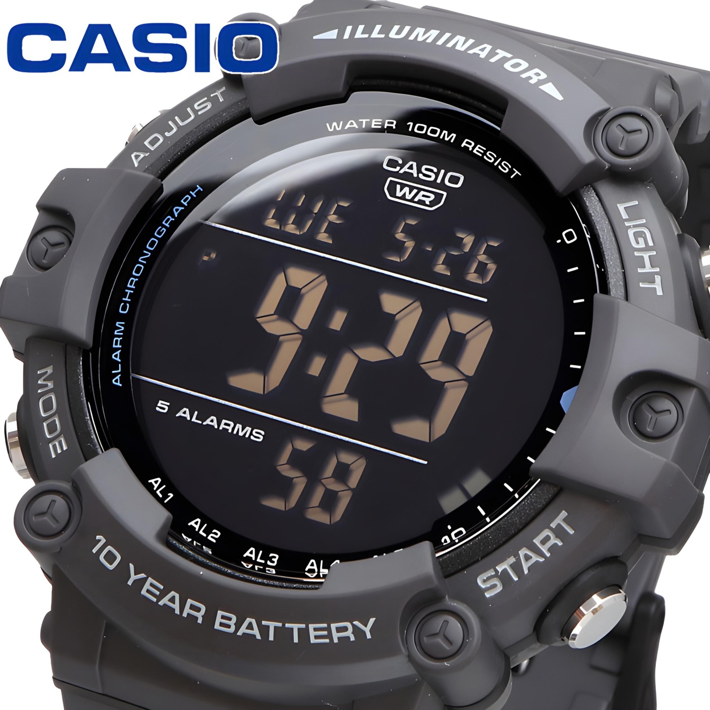 Casio Digital AE-1500WH-8BV Dual Time Wide Face Youth Men's Watch (10-Years Battery Life) (Grey) AE1500WH-8BV