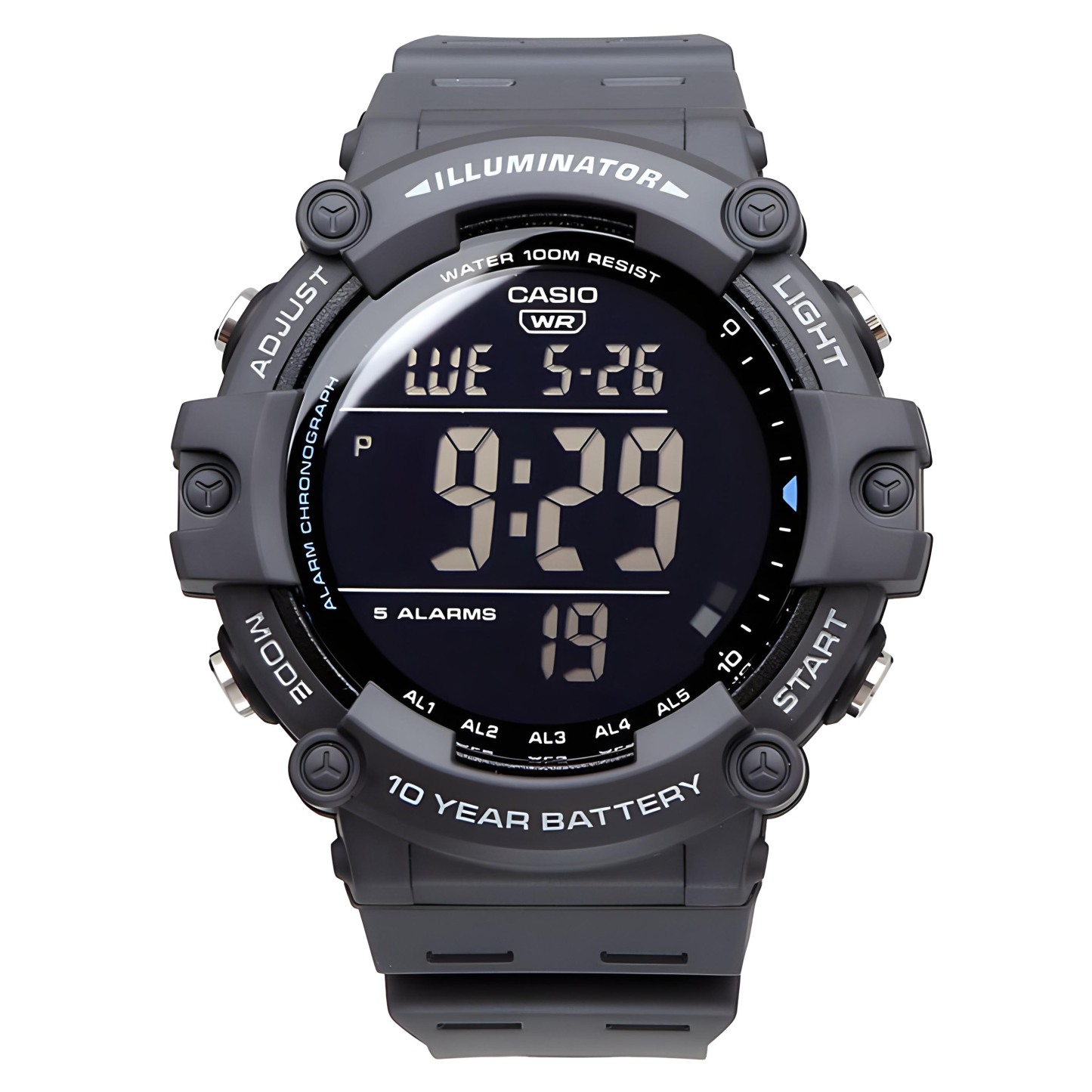 Casio Digital AE-1500WH-8BV Dual Time Wide Face Youth Men's Watch (10-Years Battery Life) (Grey) AE1500WH-8BV