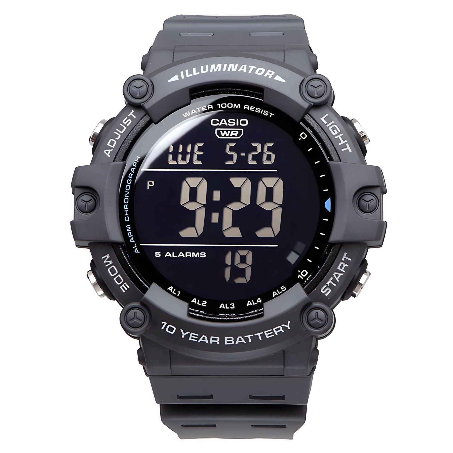 Casio Digital AE-1500WH-8BV Dual Time Wide Face Youth Men's Watch (10-Years Battery Life) (Grey) AE1500WH-8BV