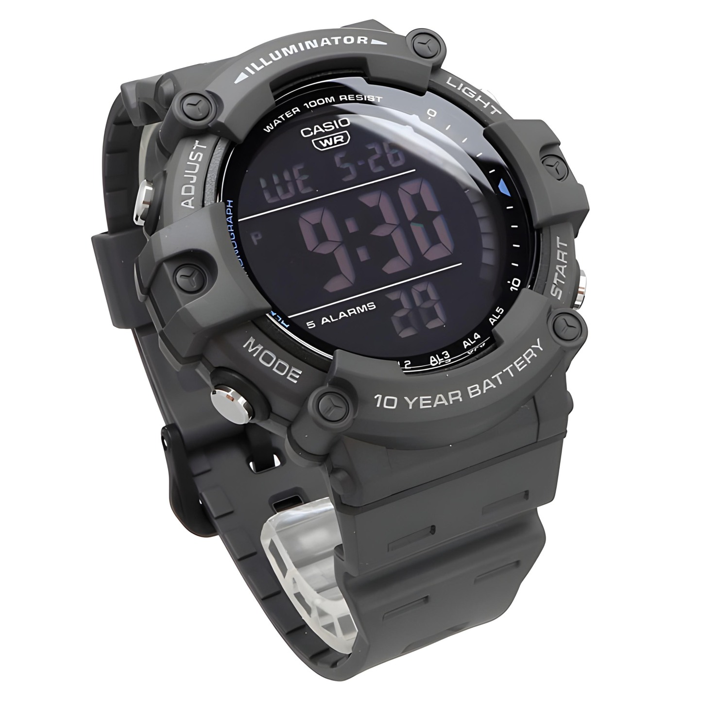 Casio Digital AE-1500WH-8BV Dual Time Wide Face Youth Men's Watch (10-Years Battery Life) (Grey) AE1500WH-8BV
