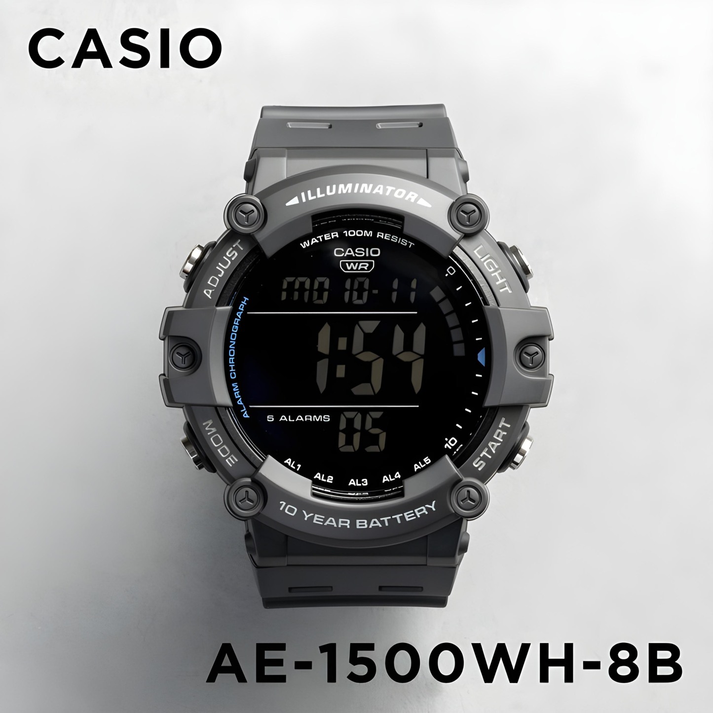 Casio Digital AE-1500WH-8BV Dual Time Wide Face Youth Men's Watch (10-Years Battery Life) (Grey) AE1500WH-8BV