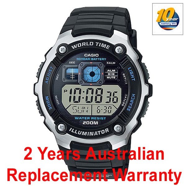 Casio Digital AE-2000W-1AV World Time Alarm Watch 10-Years Battery Black ozdigitalwatch.com.au
