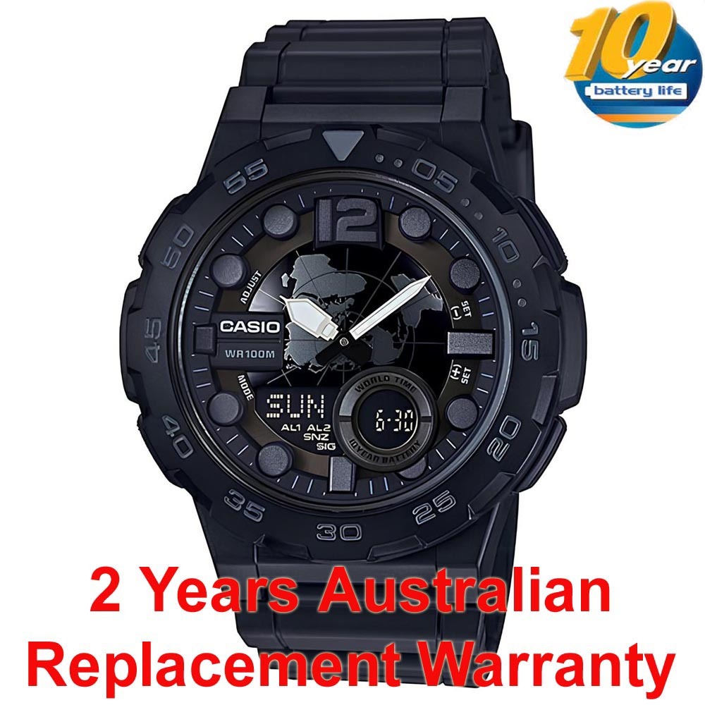 Casio Analog Digital AEQ-100W-1B Telememo Men Watch 10-Year Battery Life Black ozdigitalwatch.com.au