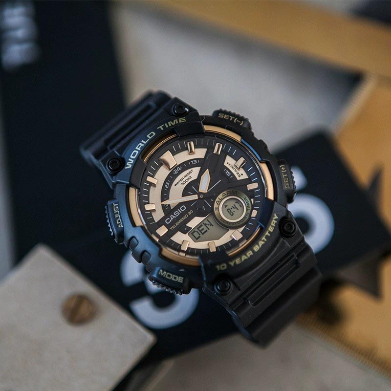 Casio AEQ-110W-9AV Analog Digital World Time Alarm Men's Watch (10-Years Battery Life) (Black) AEQ110W-1BV