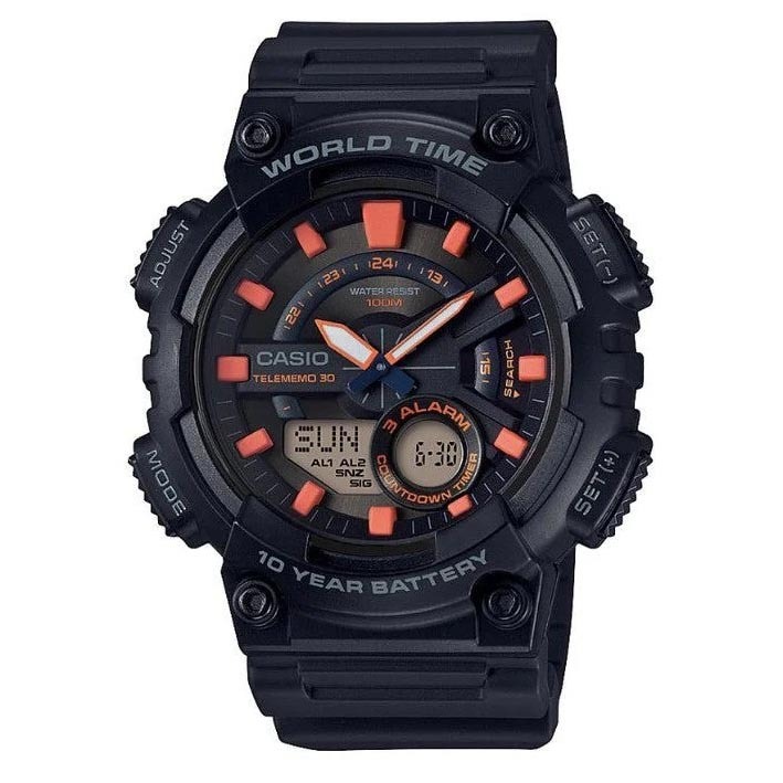 Casio Analog Digital AEQ-110W-1A2V World Time Alarm Men's Watch (10-Years Battery Life) (Black x Orange) AEQ110W-1A2V