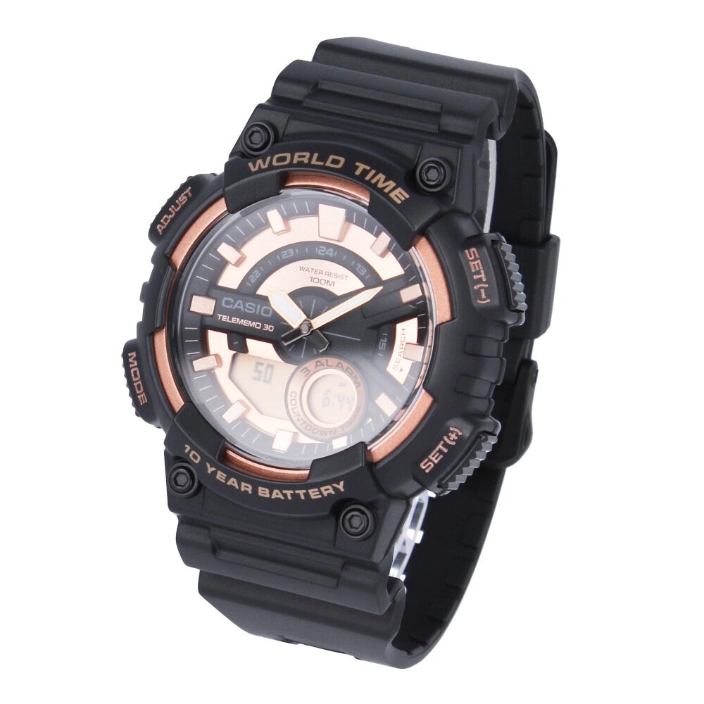 Casio Analog Digital AEQ-110W-1A3V World Time Alarm Men's Watch (10-Years Battery Life) (Black x Gold) AEQ110W-1A3V