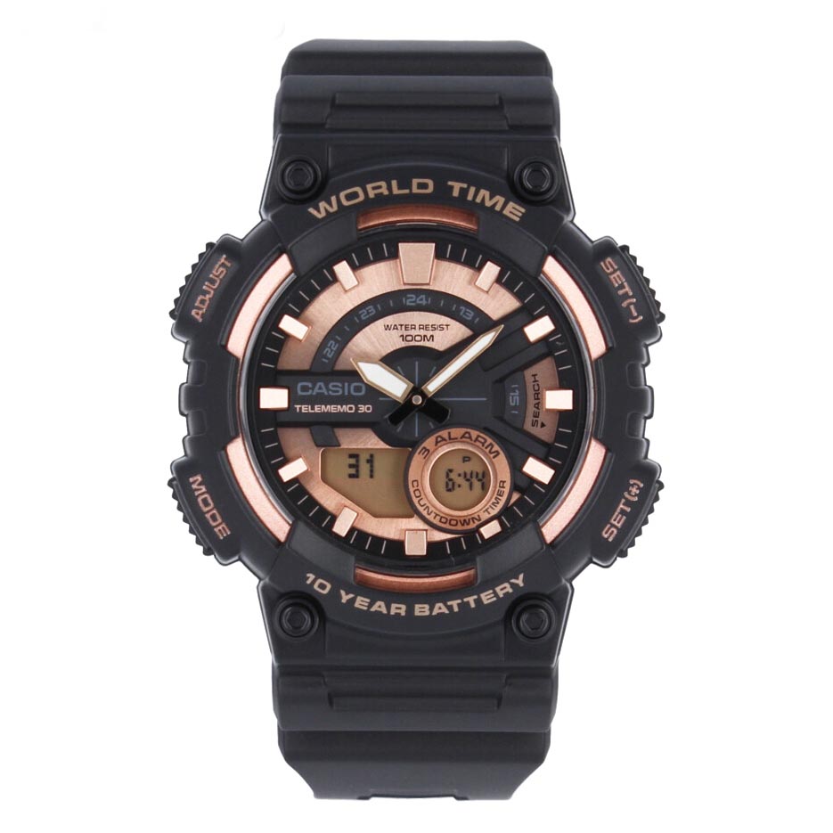 Casio Analog Digital AEQ-110W-1A3V World Time Alarm Men's Watch (10-Years Battery Life) (Black x Gold) AEQ110W-1A3V
