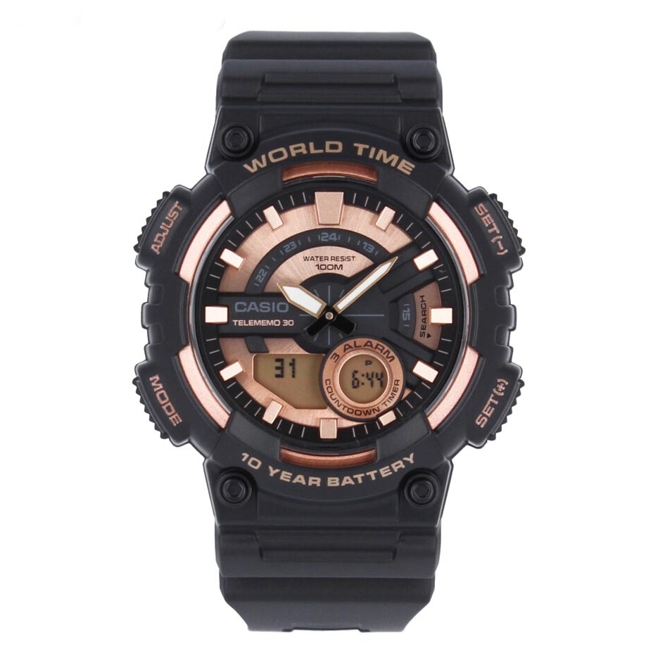 Casio Analog Digital AEQ-110W-1A3V World Time Alarm Men's Watch (10-Years Battery Life) (Black x Gold) AEQ110W-1A3V