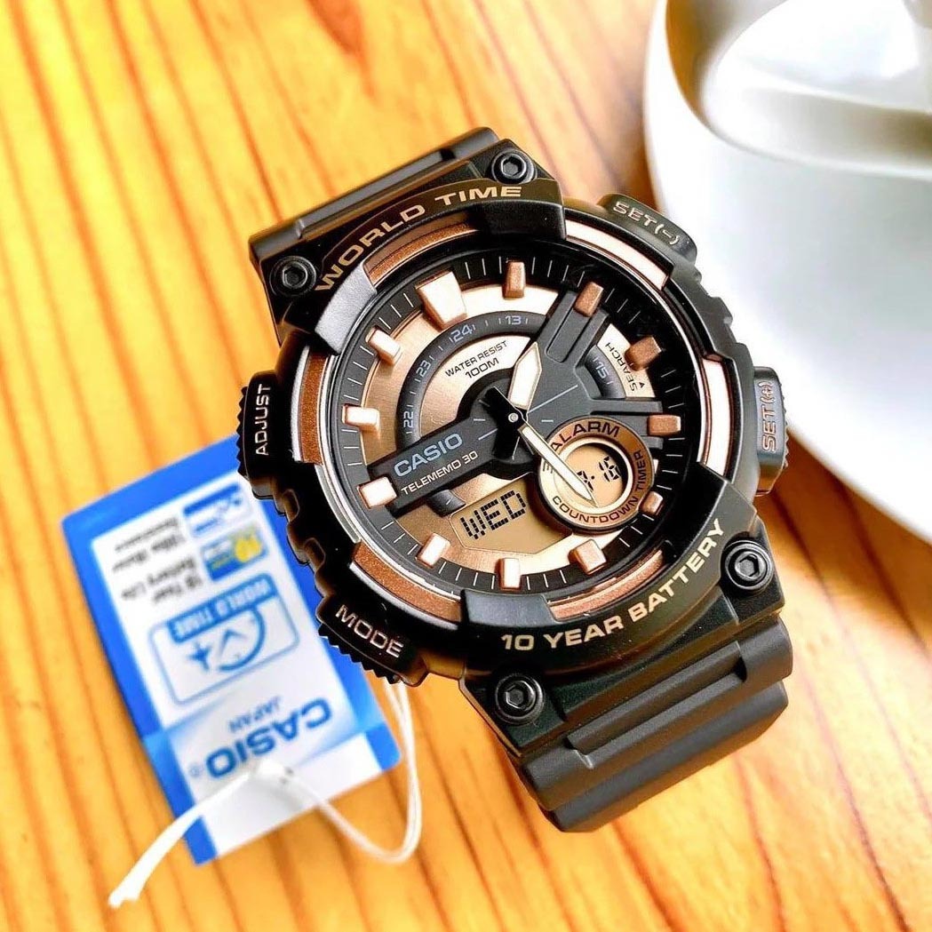 Casio Analog Digital AEQ-110W-1A3V World Time Alarm Men's Watch (10-Years Battery Life) (Black x Gold) AEQ110W-1A3V