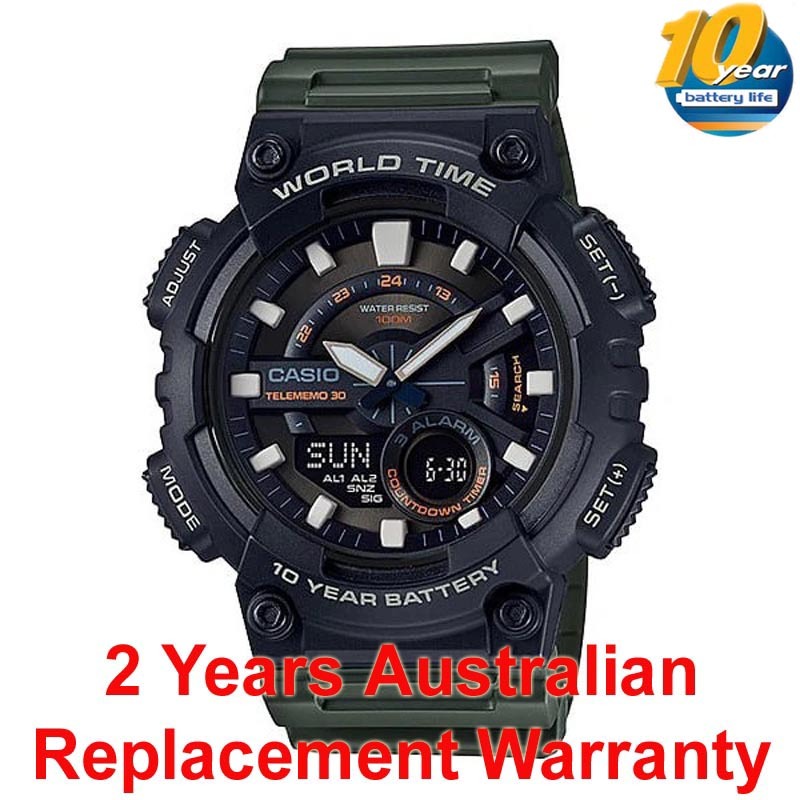 Casio Analog Digital AEQ-110W-3A Telememo Watch 10Y Battery Life Green Black ozdigitalwatch.com.au
