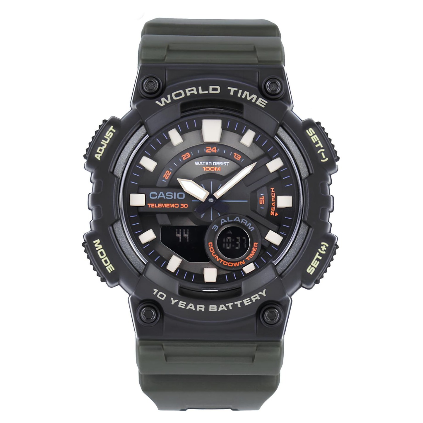 Casio Analog Digital AEQ-110W-3A Telememo Watch 10Y Battery Life Green Black ozdigitalwatch.com.au