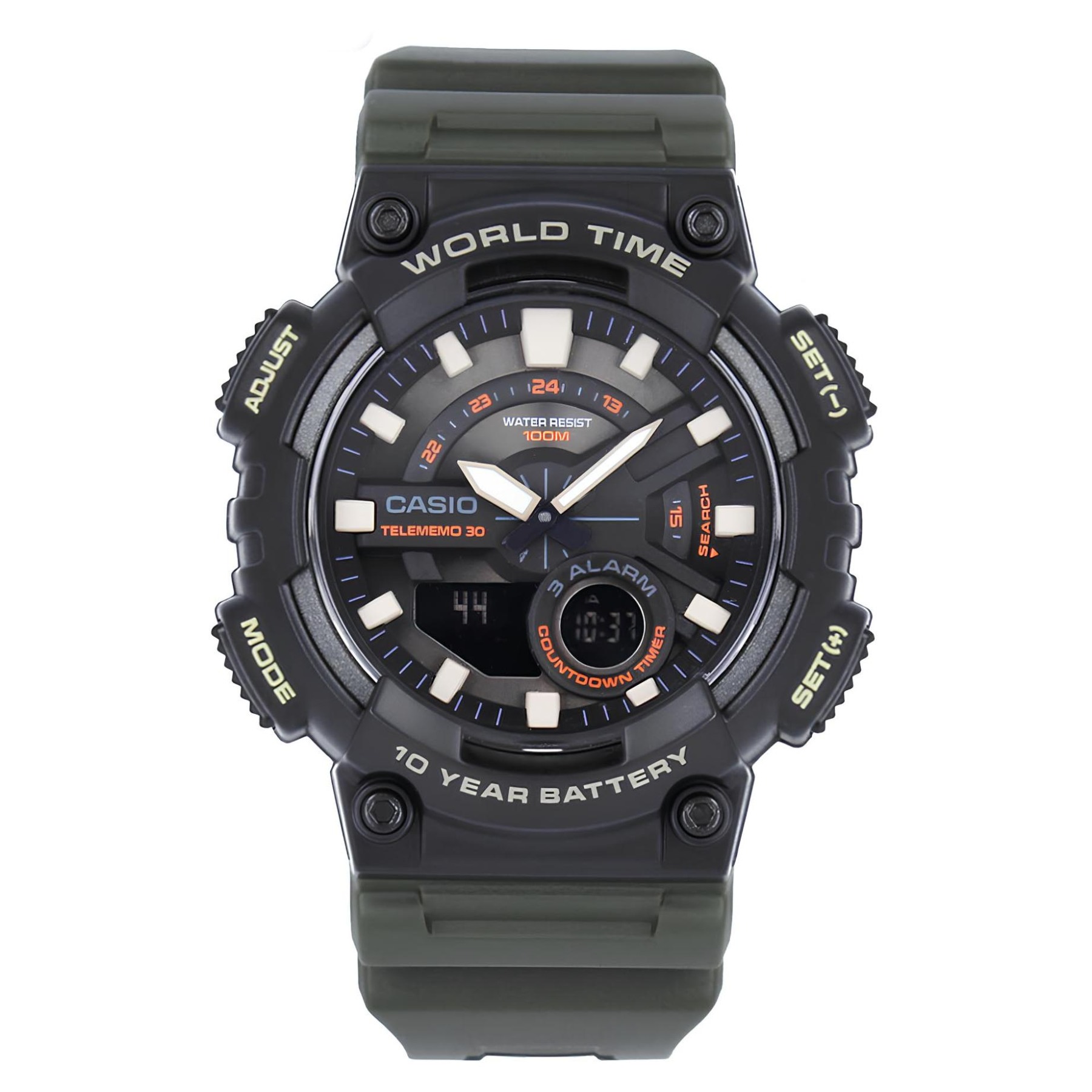 Casio Analog Digital AEQ-110W-3A Telememo Watch 10Y Battery Life Green Black ozdigitalwatch.com.au