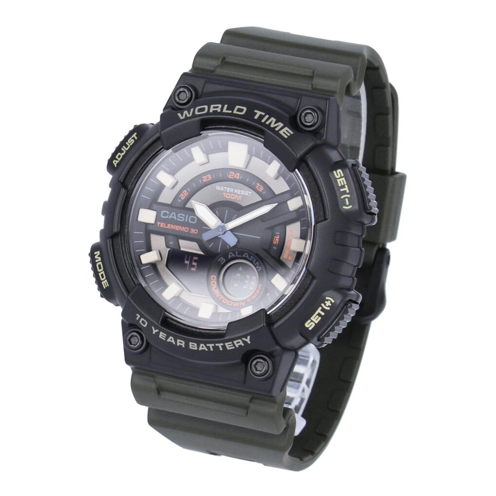 Casio Analog Digital AEQ-110W-3A Telememo Watch 10Y Battery Life Green Black ozdigitalwatch.com.au