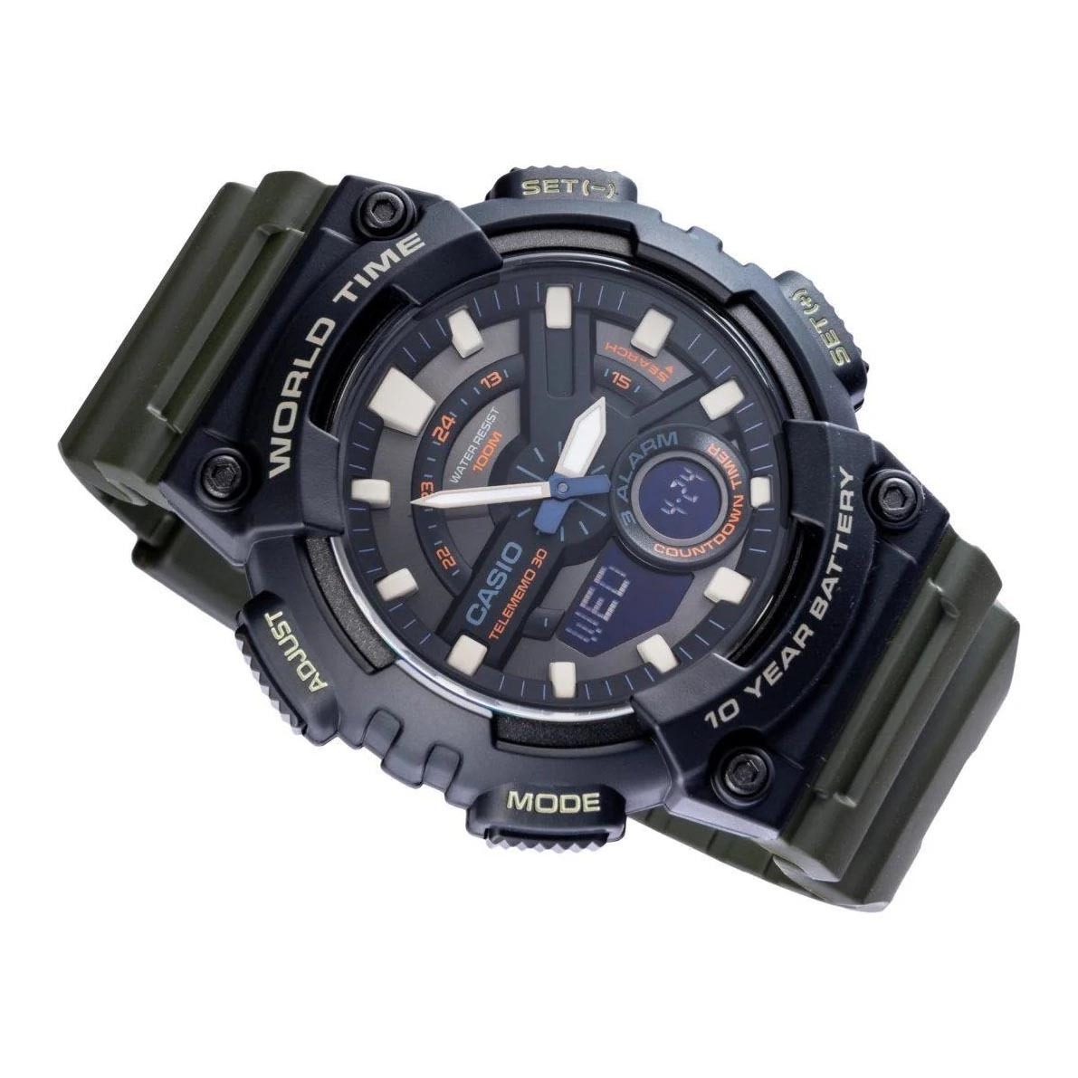 Casio Analog Digital AEQ-110W-3A Telememo Watch 10Y Battery Life Green Black ozdigitalwatch.com.au