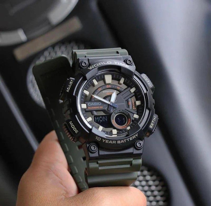 Casio Analog Digital AEQ-110W-3A Telememo Watch 10Y Battery Life Green Black ozdigitalwatch.com.au
