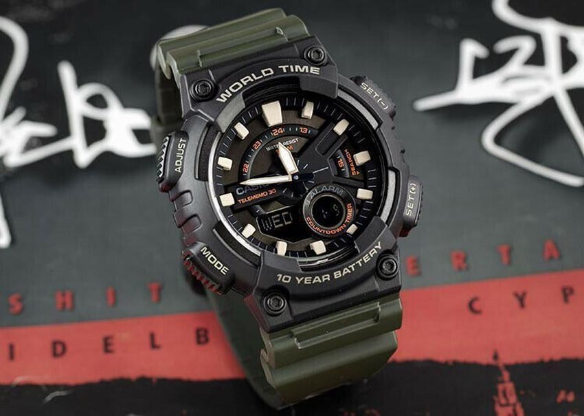 Casio Analog Digital AEQ-110W-3A Telememo Watch 10Y Battery Life Green Black ozdigitalwatch.com.au