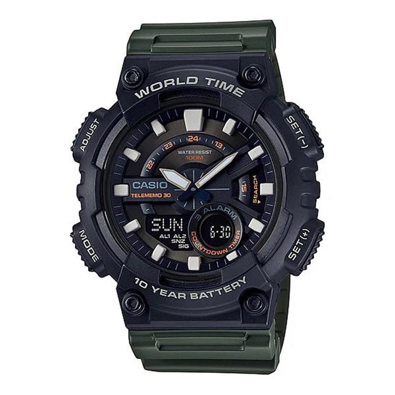 Casio Analog Digital AEQ-110W-3AV World Time Alarm Men's Watch (10-Years Battery Life) (Green x Black) AEQ110W-3AV