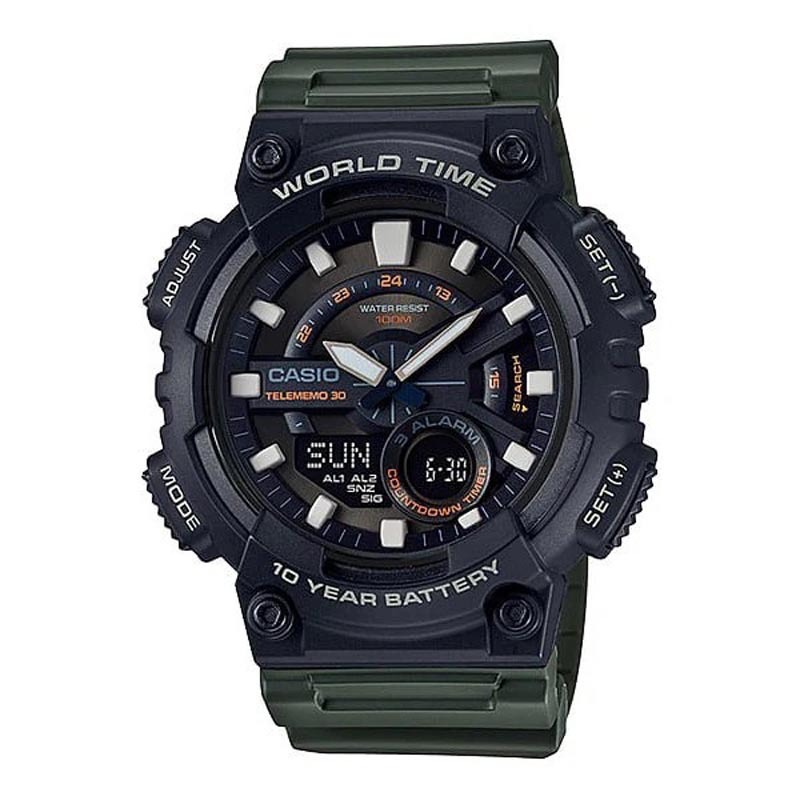 Casio Analog Digital AEQ-110W-3AV World Time Alarm Men's Watch (10-Years Battery Life) (Green x Black) AEQ110W-3AV