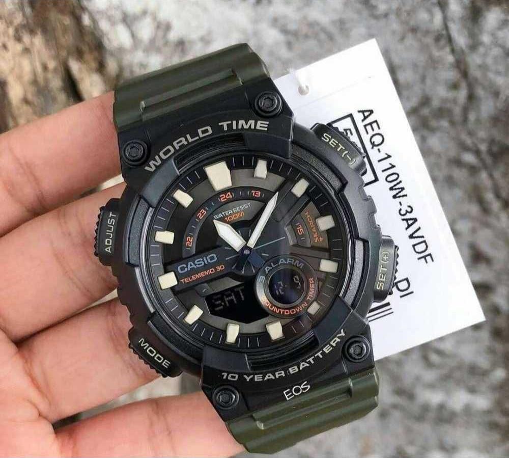 Casio Analog Digital AEQ-110W-3A Telememo Watch 10Y Battery Life Green Black ozdigitalwatch.com.au