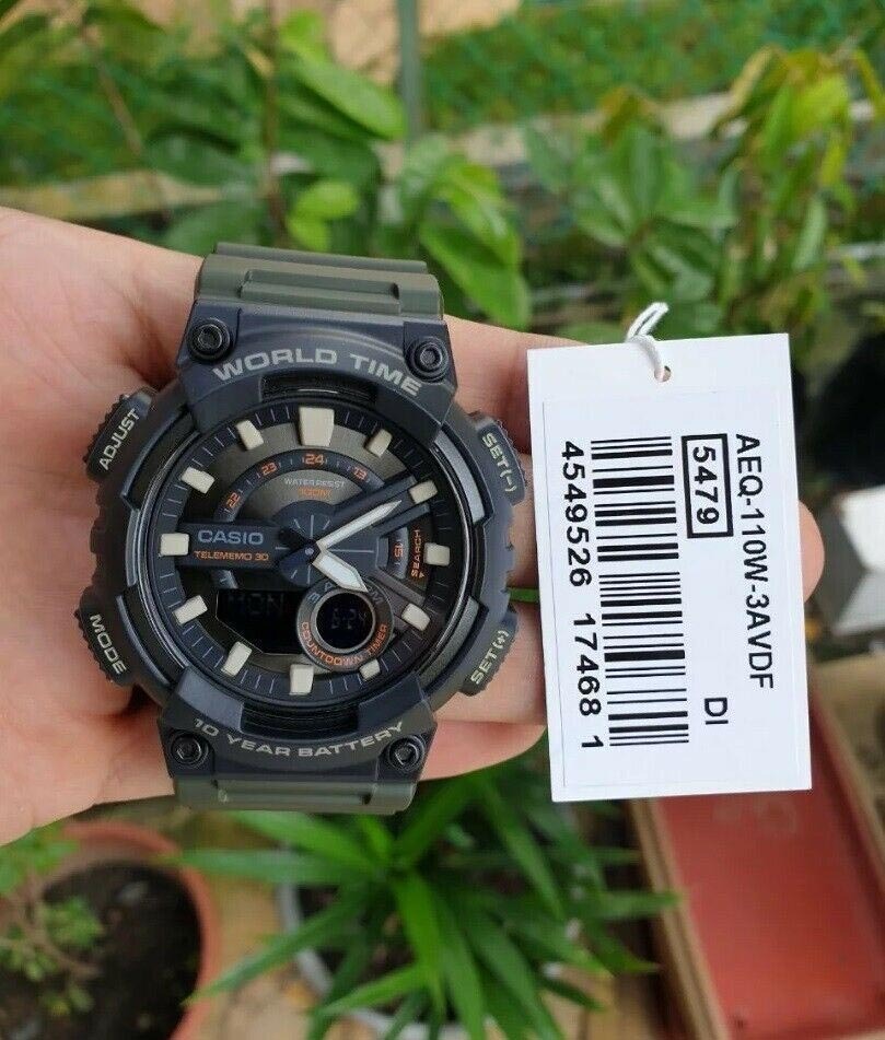 Casio Analog Digital AEQ-110W-3A Telememo Watch 10Y Battery Life Green Black ozdigitalwatch.com.au