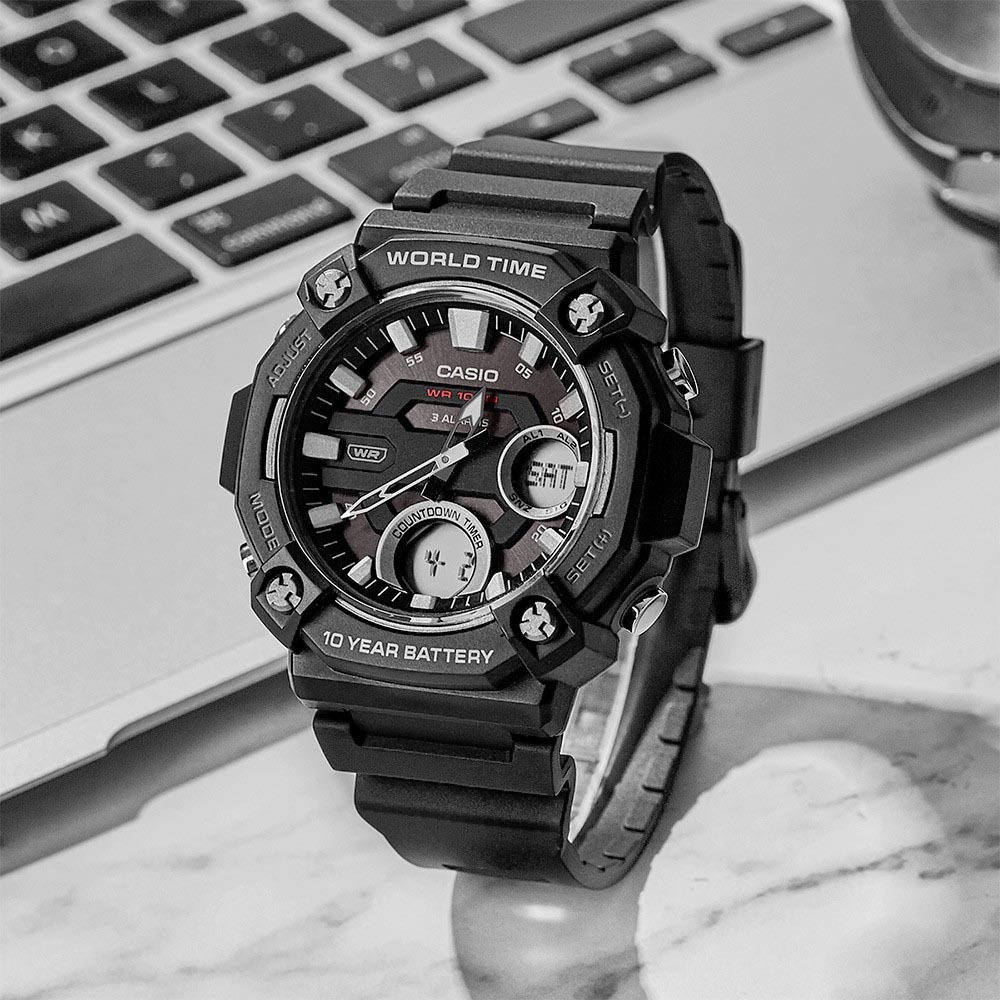 Casio Analog Digital AEQ-120W-1AV World Time Alarm Watch 10Y Battery Black ozdigitalwatch.com.au