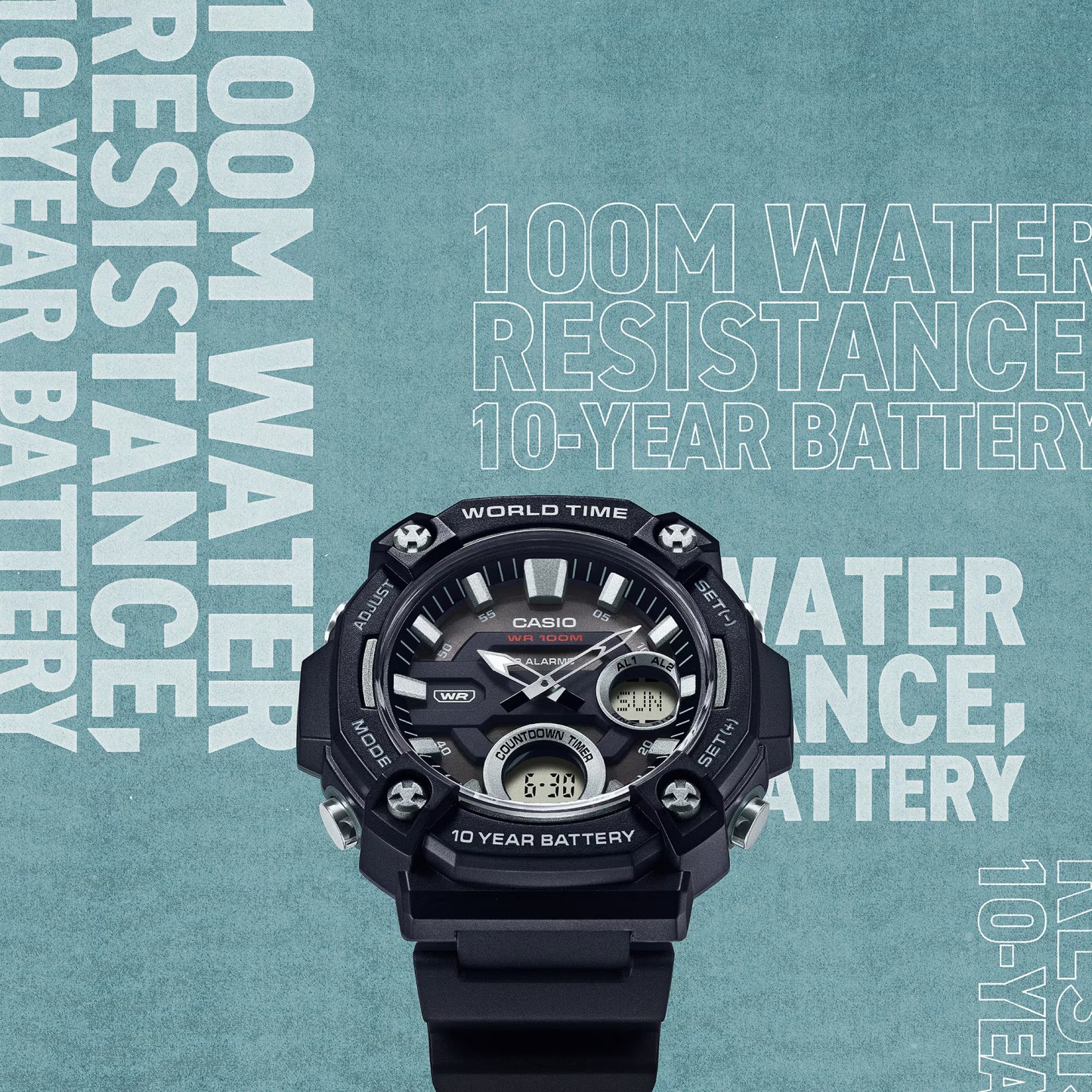 Casio Analog Digital AEQ-120W-1AV World Time Alarm Watch 10Y Battery Black ozdigitalwatch.com.au