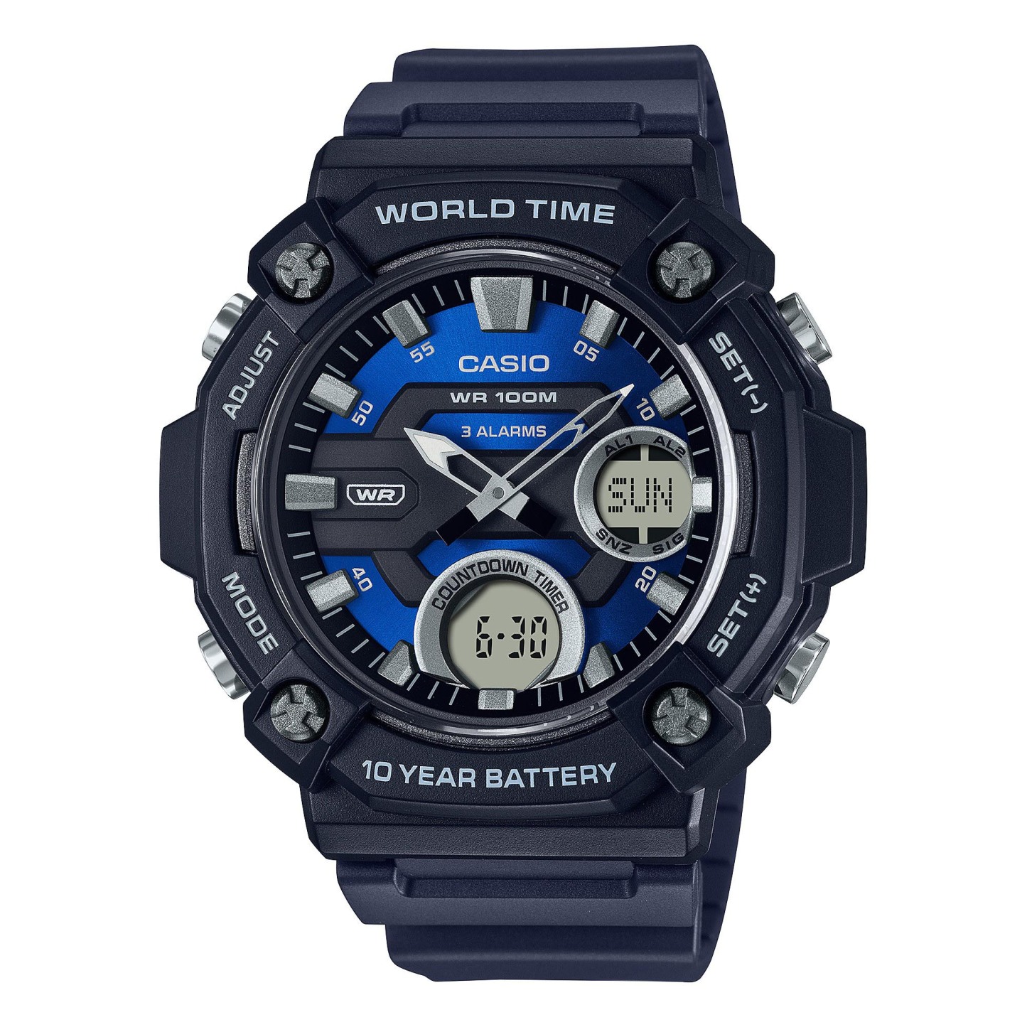 Casio Analog Digital AEQ-120W-2AV World Time Alarm Men's Watch (10-Years Battery Life) (Black & Blue) AEQ120W-2AV