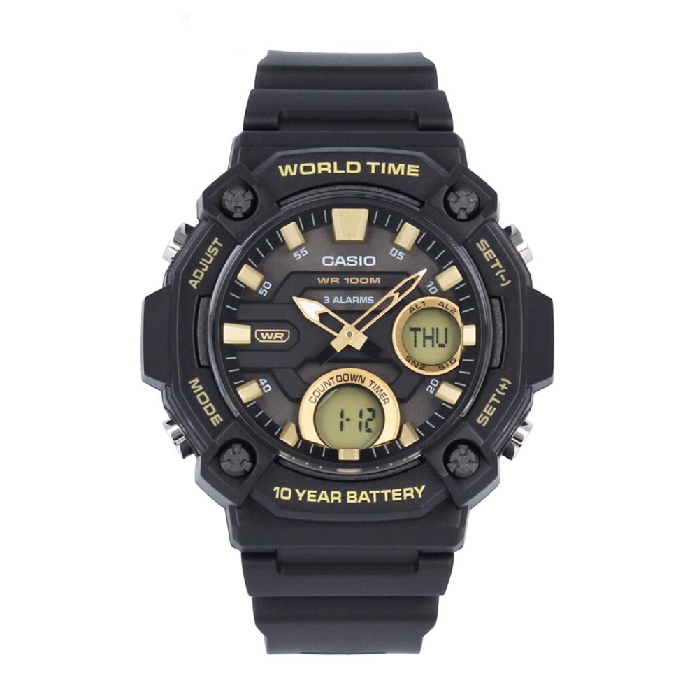 Casio Analog Digital AEQ-120W-9AV Telememo Men Watch 10Y Battery Black Gold ozdigitalwatch.com.au