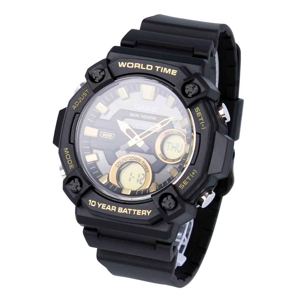 Casio Analog Digital AEQ-120W-9AV Telememo Men Watch 10Y Battery Black Gold ozdigitalwatch.com.au