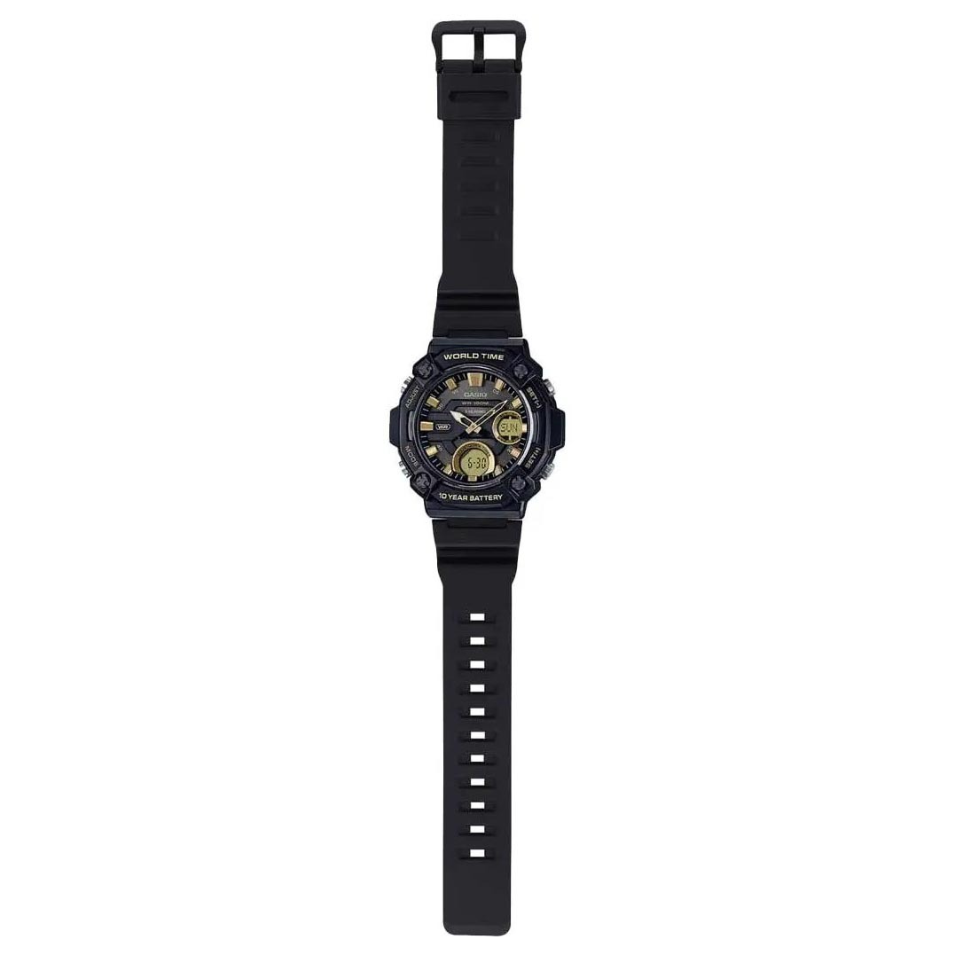 Casio Analog Digital AEQ-120W-9AV Telememo Men Watch 10Y Battery Black Gold ozdigitalwatch.com.au