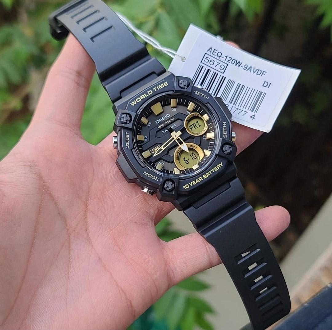 Casio Analog Digital AEQ-120W-9AV Telememo Men Watch 10Y Battery Black Gold ozdigitalwatch.com.au