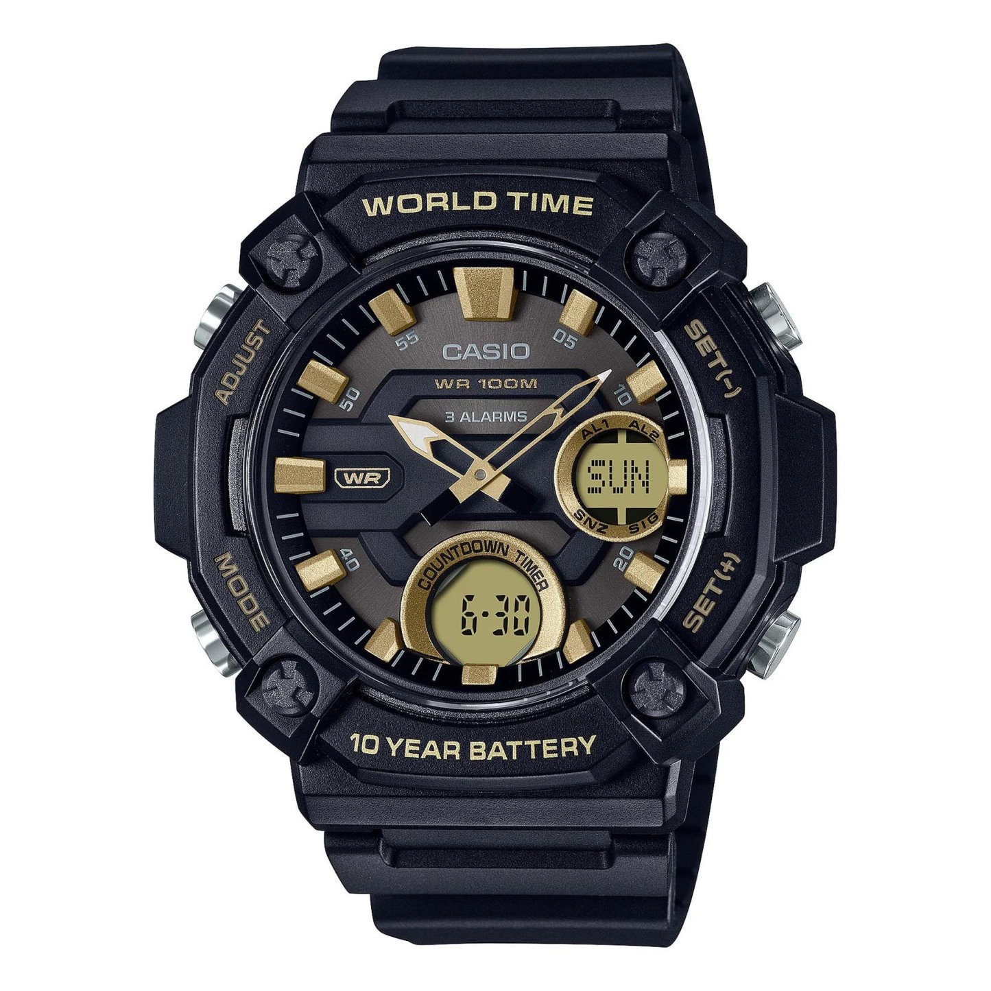Casio Analog Digital AEQ-120W-9AV World Time Alarm Men Watch (10-Years Battery Life) (Black x Gold) AEQ120W-9AV