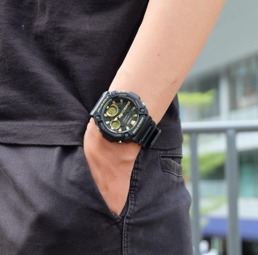 Casio Analog Digital AEQ-120W-9AV Telememo Men Watch 10Y Battery Black Gold ozdigitalwatch.com.au