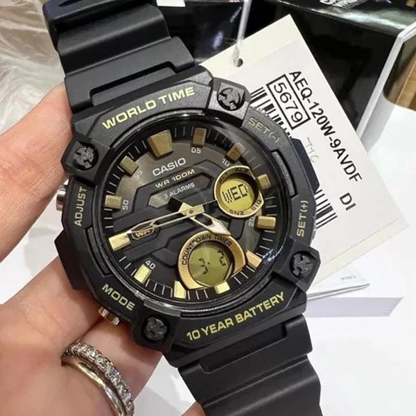 Casio Analog Digital AEQ-120W-9AV Telememo Men Watch 10Y Battery Black Gold ozdigitalwatch.com.au