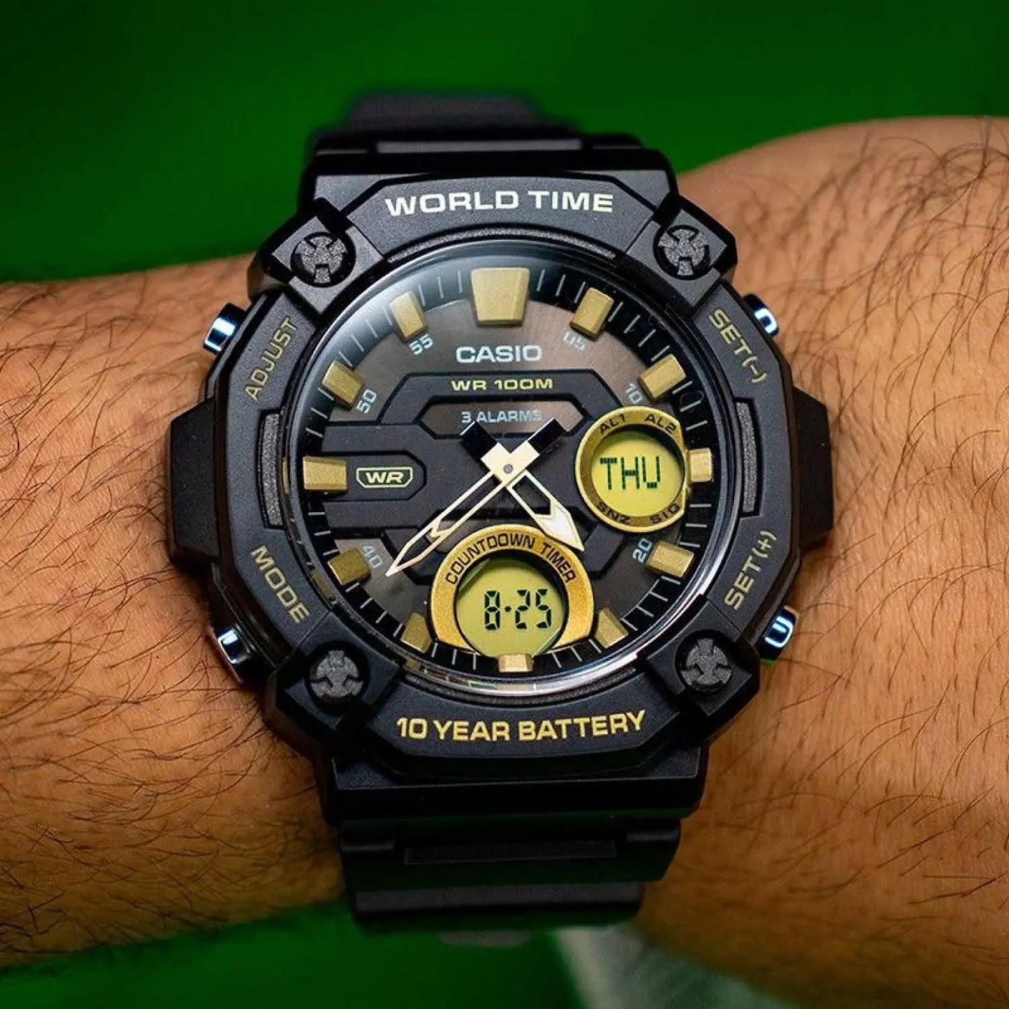 Casio Analog Digital AEQ-120W-9AV Telememo Men Watch 10Y Battery Black Gold ozdigitalwatch.com.au