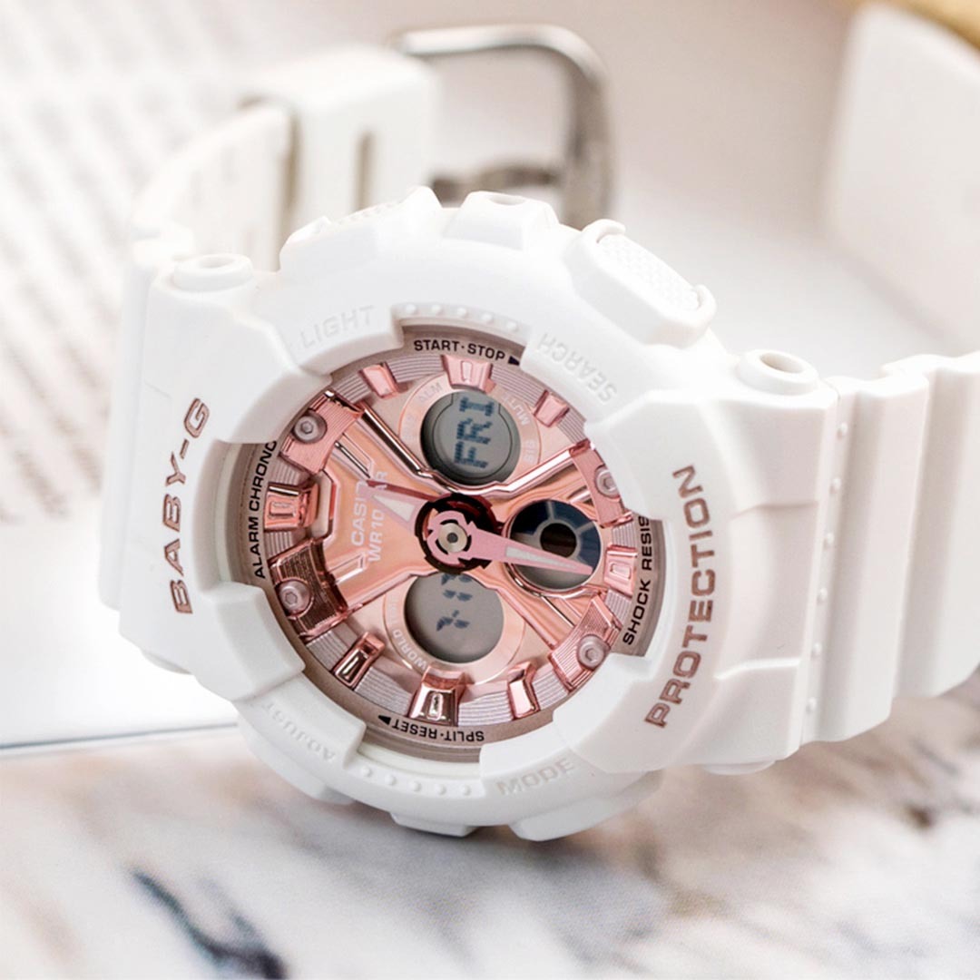 Casio Baby-G BA-130-7A1 Analog Digital Watch White Rose Gold, Metallic Hues ozdigitalwatch.com.au