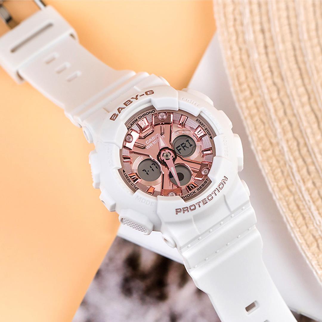 Casio Baby-G BA-130-7A1 Analog Digital Watch White Rose Gold, Metallic Hues ozdigitalwatch.com.au