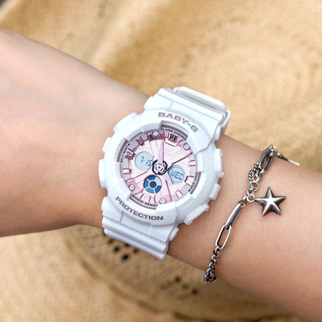 Casio Baby-G BA-130-7A1 Analog Digital Watch White Rose Gold, Metallic Hues ozdigitalwatch.com.au