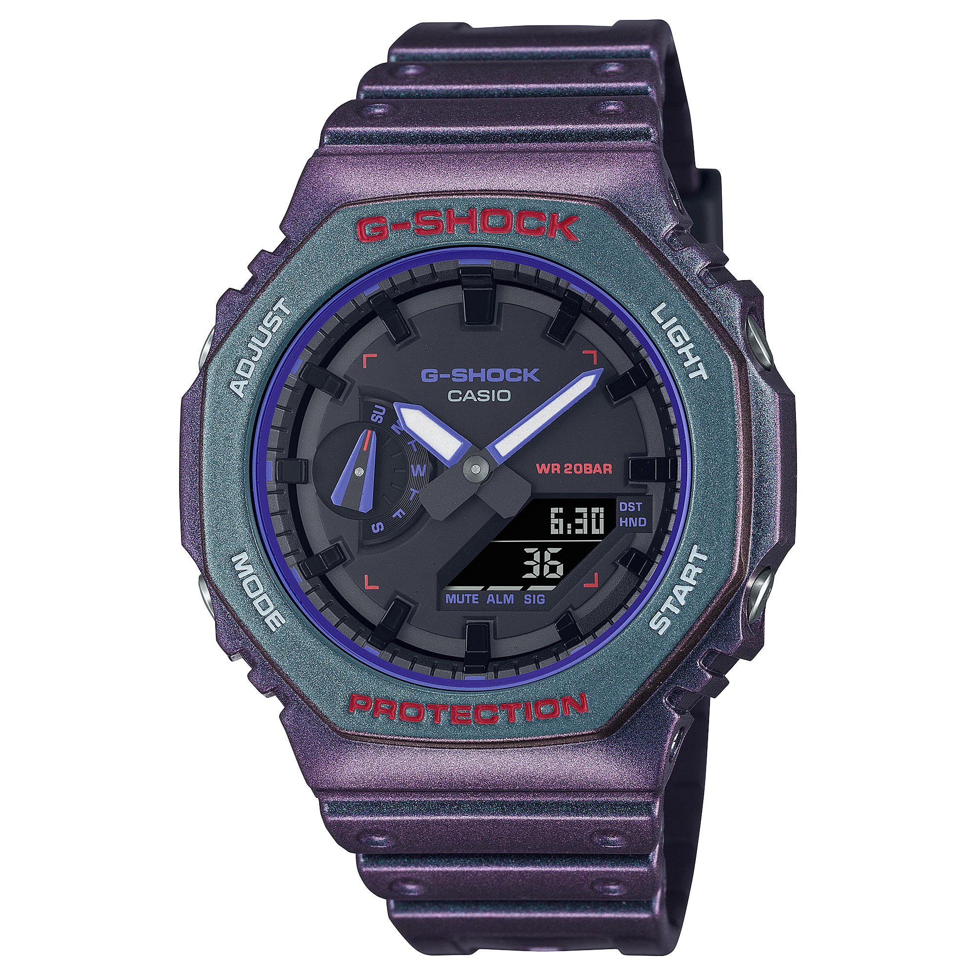 Casio G-Shock GA-2100AH-6A CasiOak Analog Digital Men Watch Purple Green ozDigitalWatch.com.au
