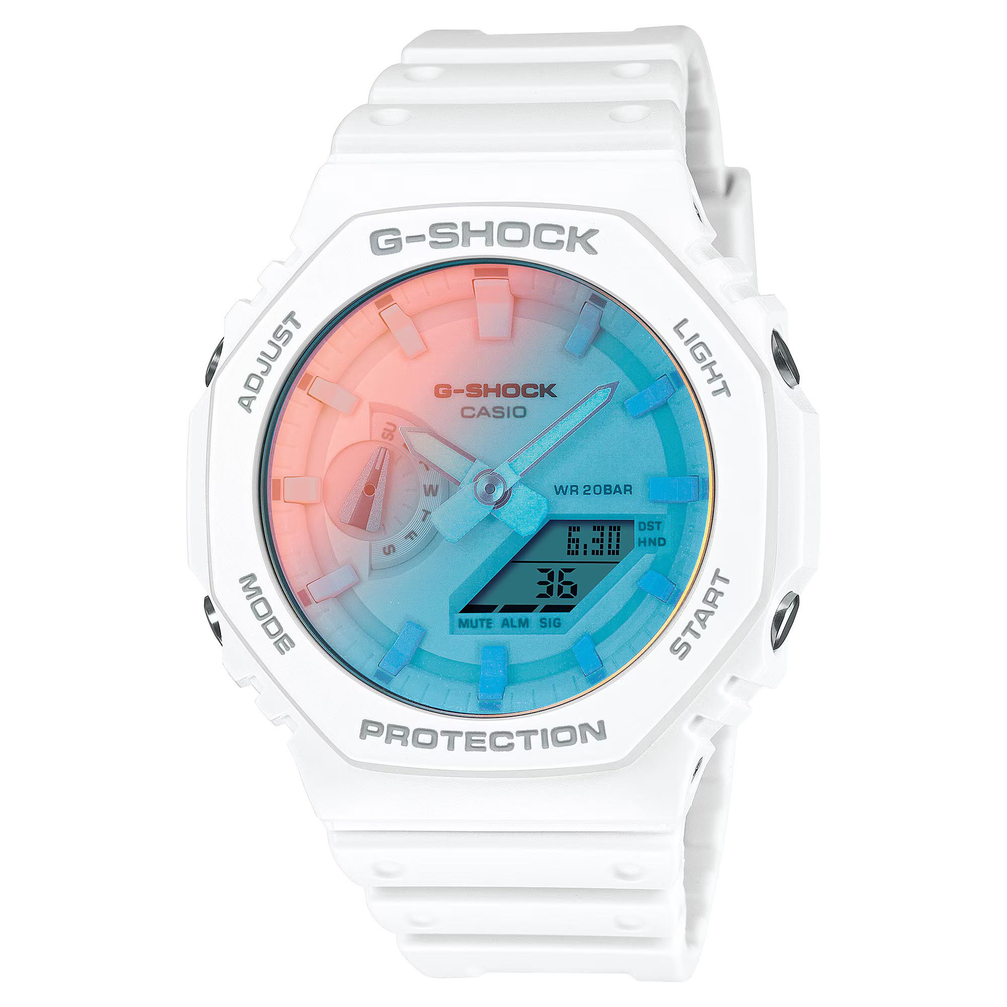 Casio G-Shock GA-2100TL-7A CasiOak Watch White Blue Beach Time Lapse Collection ozDigitalWatch.com.au