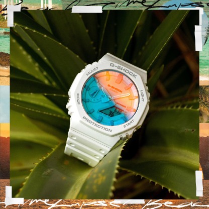 Casio G-Shock GA-2100TL-7A CasiOak Watch White Blue Beach Time Lapse Collection ozDigitalWatch.com.au