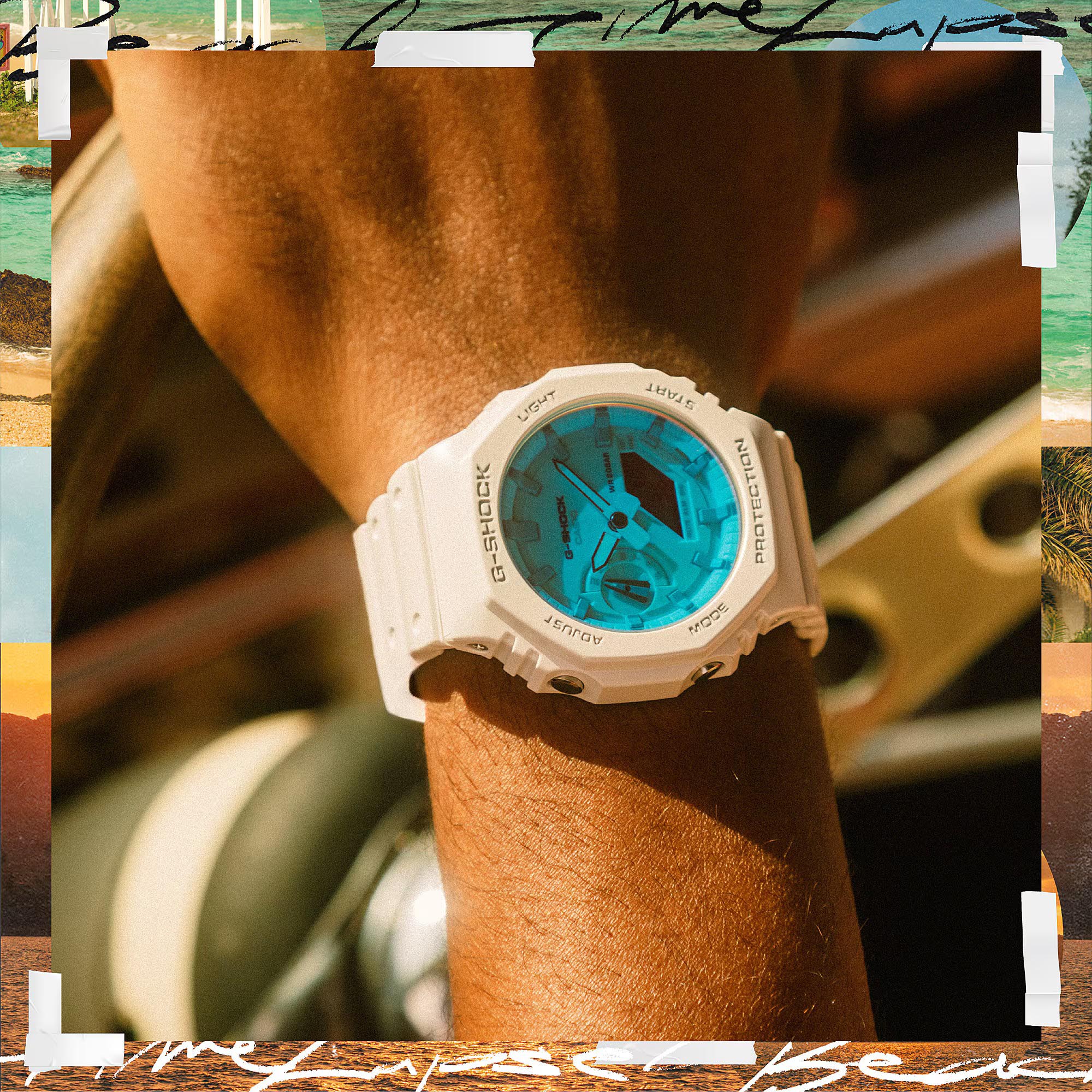 Casio G-Shock GA-2100TL-7A CasiOak Watch White Blue Beach Time Lapse Collection ozDigitalWatch.com.au