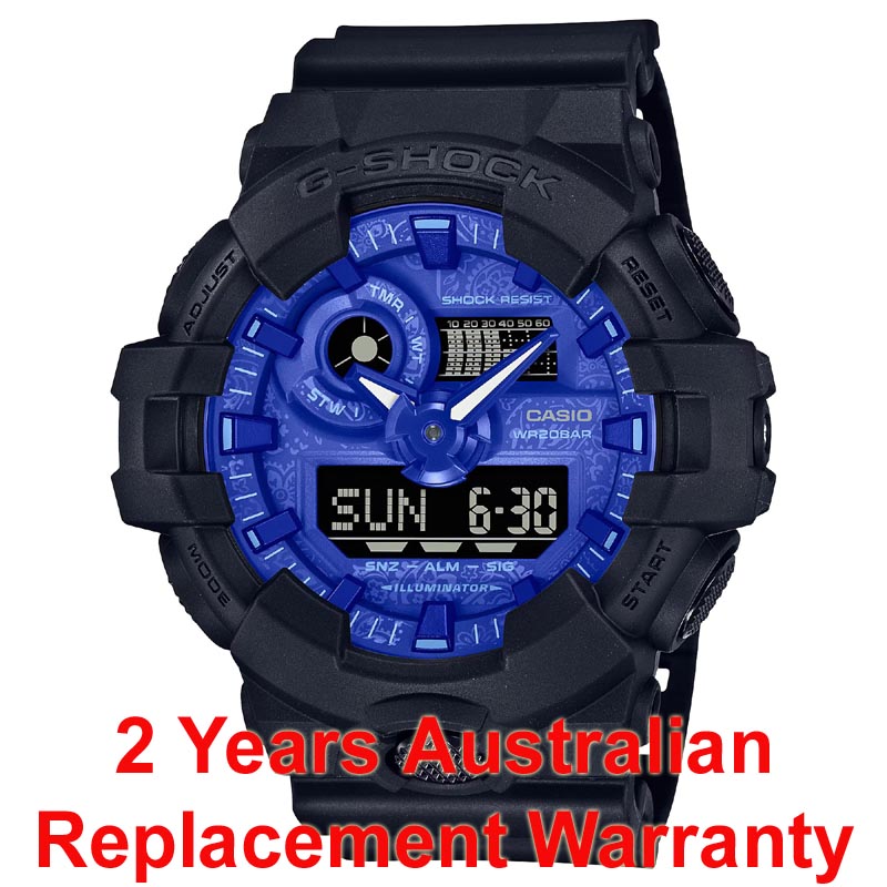 Casio G-Shock GA-700BP-1A Analog Digital paisley patterned Watch Blue Black ozdigitalwatch.com.au