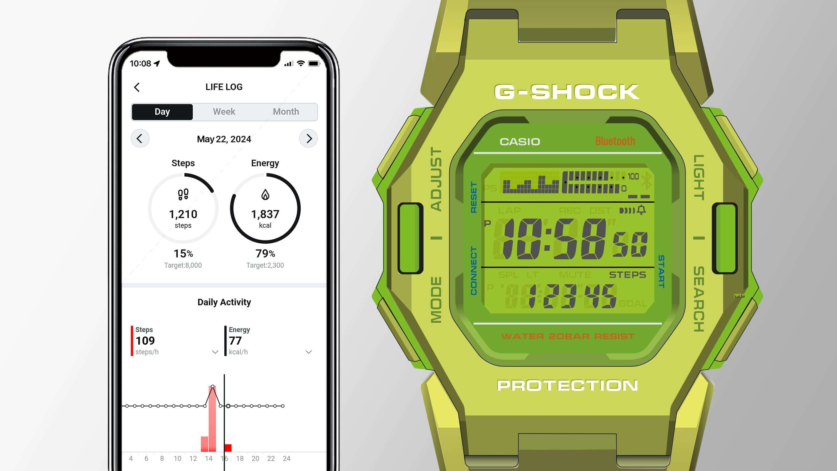 Casio G-Shock GD-B500S-3 Bluetooth Step Tracker Digital Watch (Fluorescent Green) Compact Size