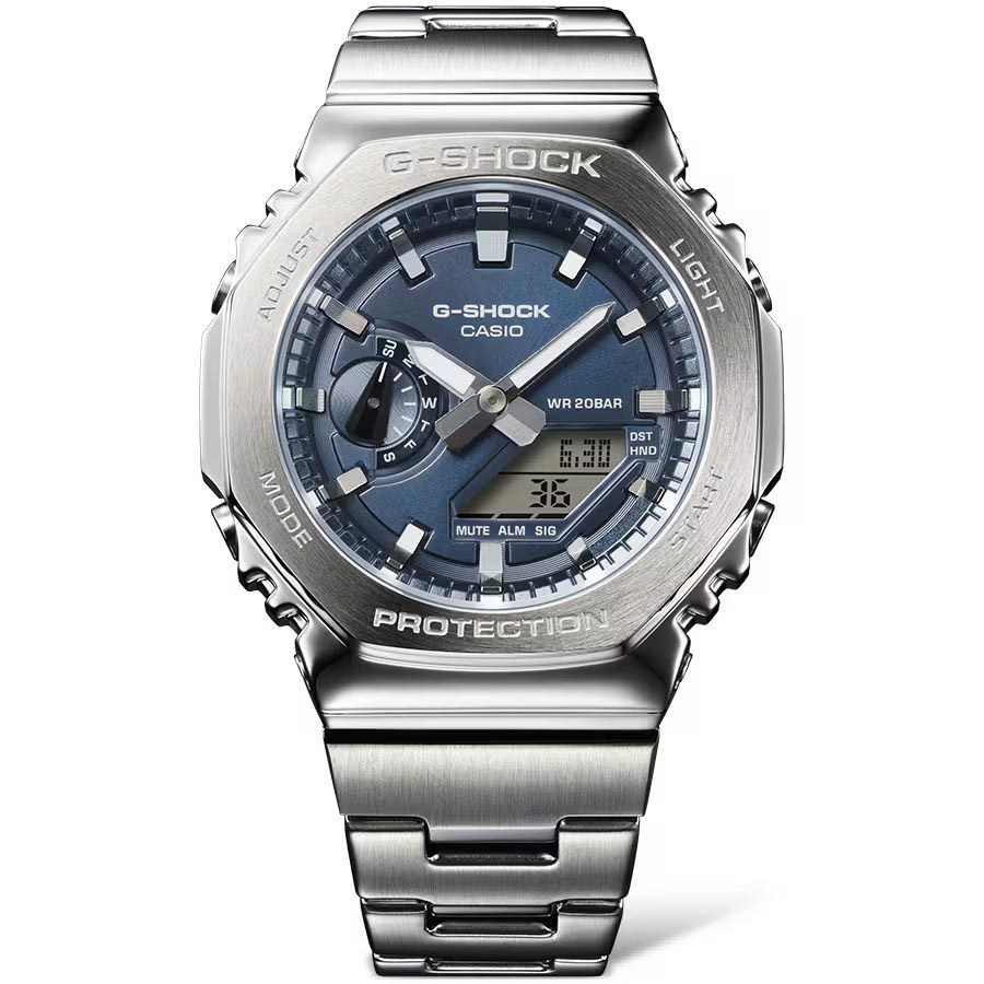 Casio G-Shock GM-2110D-2B CasiOak Metal Case Analog Digital Men's Watch (Silver & Blue) GM2110D-2B